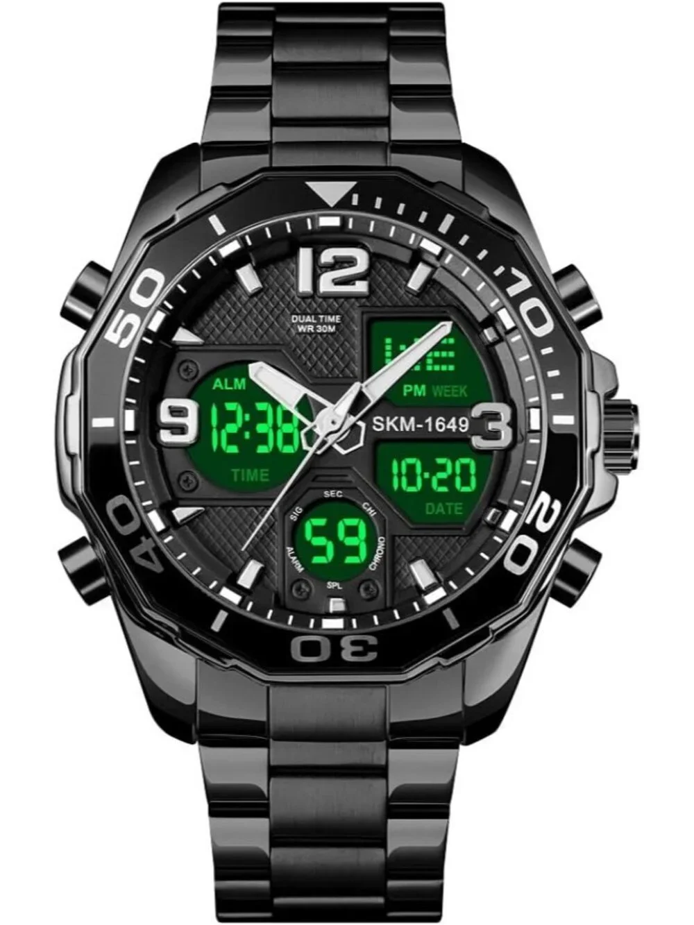 Mens Black Analog Multi Times Military Stainless Steel Chronograph Digital Watch